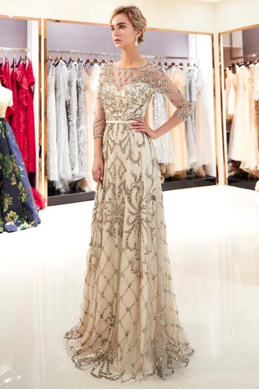 maxi evening dress-A-line Illusion Neckline Long Beading Evening Gowns with Sleeves