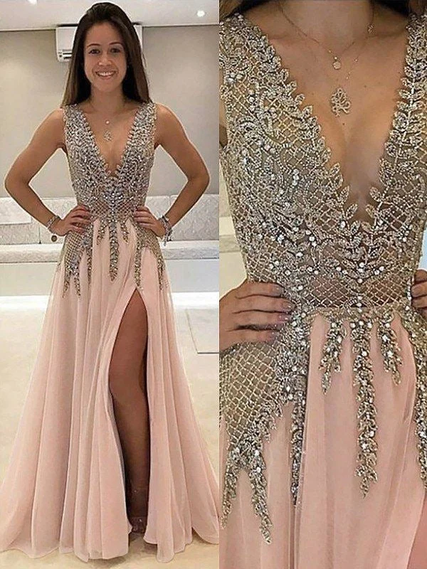 sheath evening dress-Deep V Neck Split Prom Dresses with Appliques