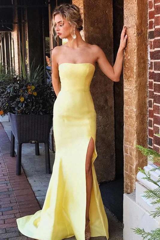 evening dress with side slit-Daffodil Strapless Long Party Dress Sexy Simple Mermaid Prom Gown