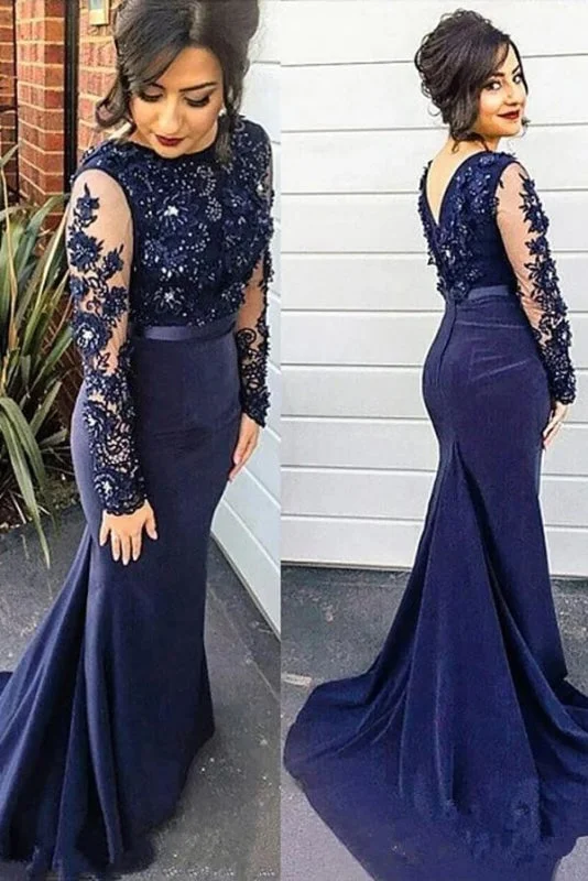 evening gown for women-Dark Blue Mermaid Sleeve Lace Appliques Prom Plus Size Long Evening Dress