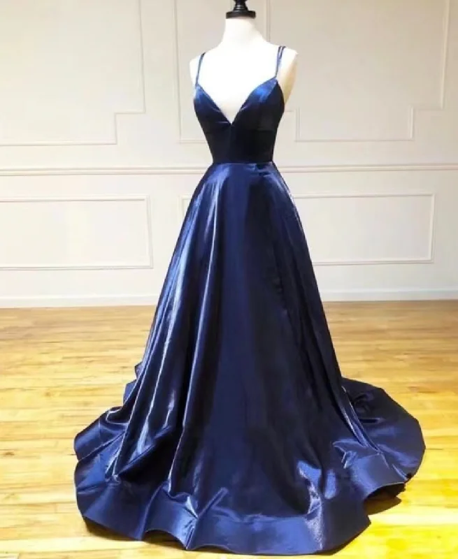 plus size evening gown-Dark Blue Prom Dresses Spaghetti Straps