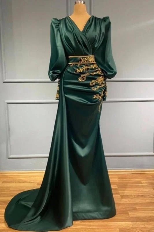 evening dress with pleats-Dark Green Long Evening Dresses Prom dresses with sleeves