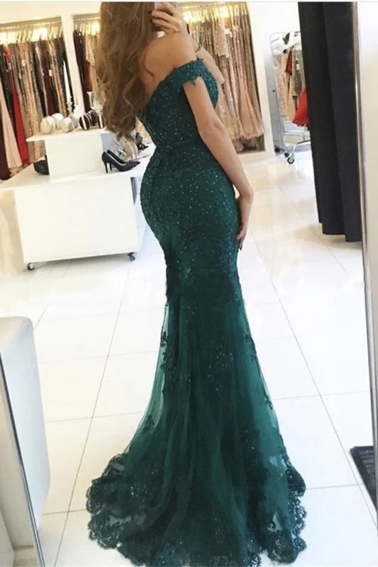 glittering evening gown-Dark Green Off-the-shoulder Mermaid Tulle Prom Dress with Beads Evening Gown