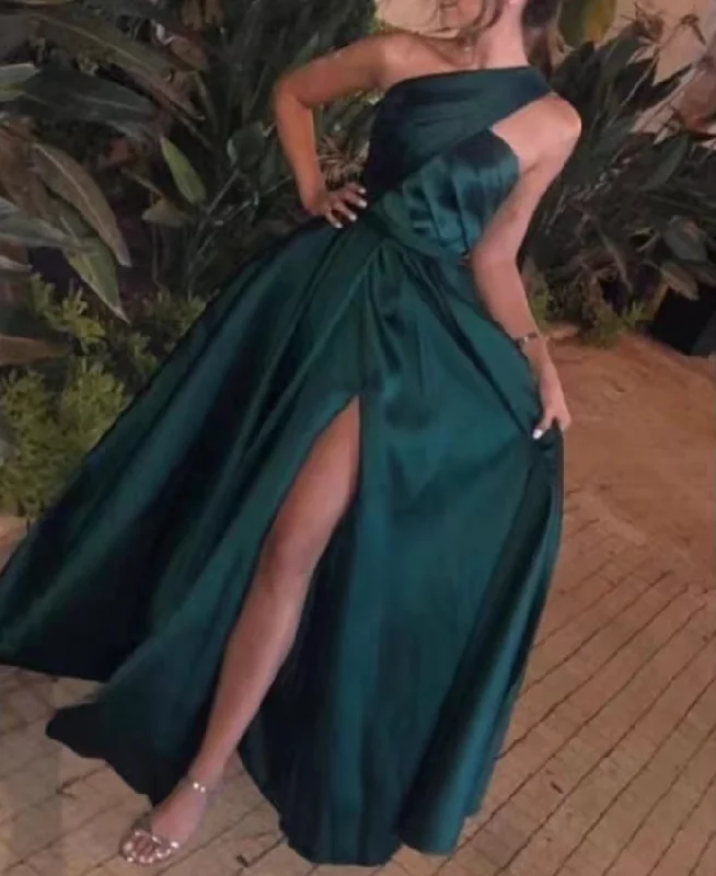 elegant black evening gown-Dark Green One Shoulder Burgundy Prom Dresses