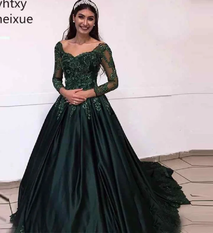 plus size evening dress-Dark Green Prom Dresses with Full Sleeves