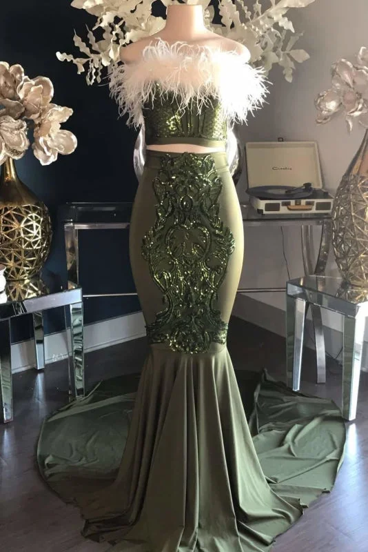 high neck evening dress-Dark Green Two Piece Sleeveless Mermaid Long Prom Dresses