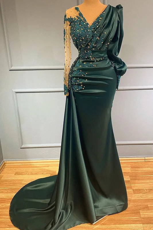 A-line evening dress-Dark Green V-Neck Long Sleeves Evening Dress with Beadings and Lace Appliques