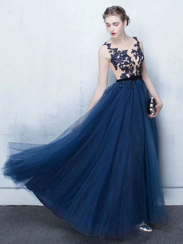 evening dress for bridesmaids-Dark Navy Prom Dresses Long Tulle Evening Dress Lace Illusion Floor Length Formal Dress