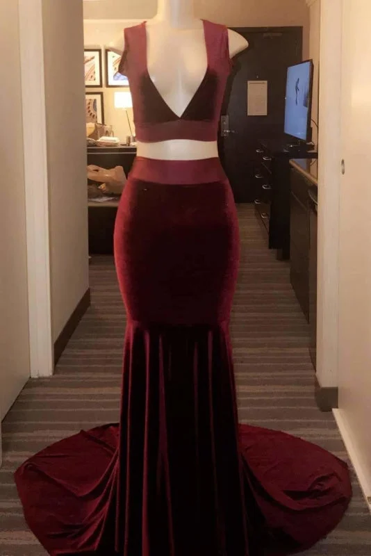 draped evening dress-Dark Red Two Piece Sleeveless Long Evening Party Gown