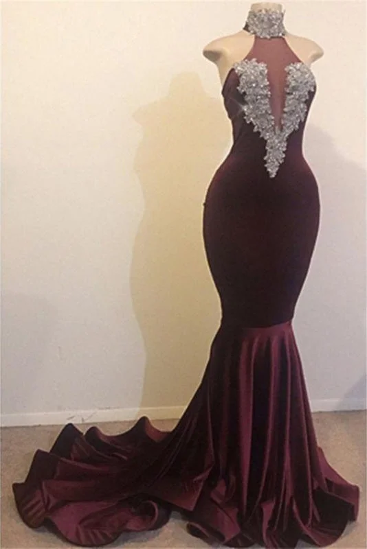 illusion sleeve evening dress-Dark Red Velvet Long Mermaid Sleeveless Sweep Train Prom Dresses