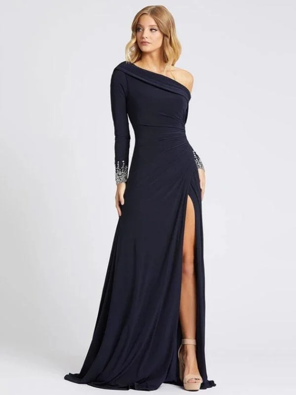 elegant evening gown-Deep Navy Evening Dress One-Shoulder With Train Long Sleeves Criss-Cross Lycra Spandex Sheath Social Party Dresses