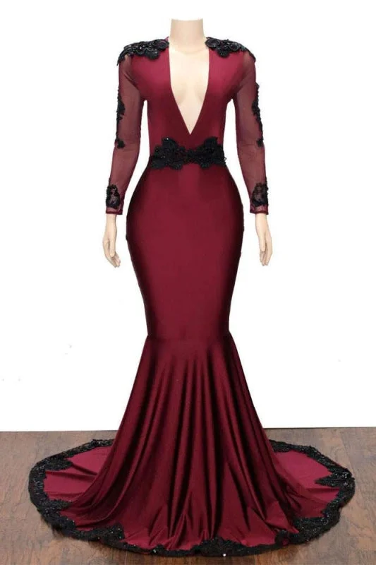 long sleeve lace evening dress-Deep V-neck Long Sleeve Beaded Mermaid Prom Dresses