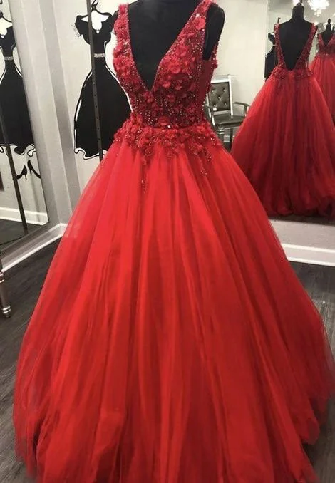 high neck evening dress-Deep V Neck Red Prom Dresses with Appliques Rhinestones