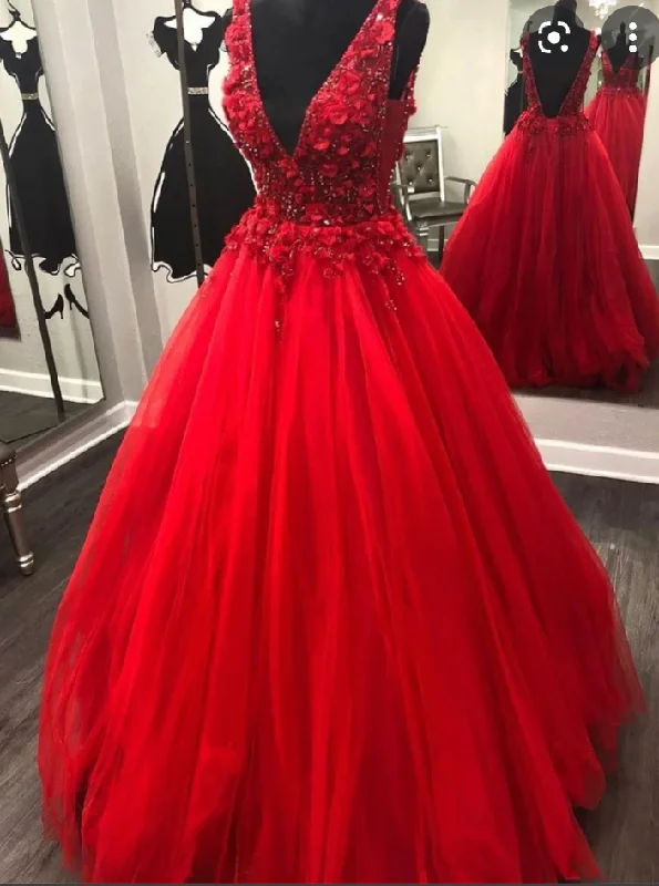 evening dress with embroidery-Deep V Neck Red Prom Dresses with Rhinestones