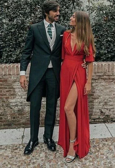 beaded evening dress-Deep V Neck Red Prom Dresses with Split Side