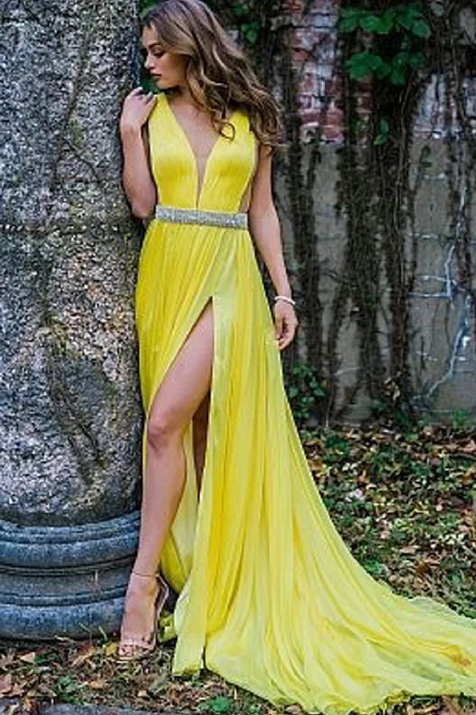 evening dress with belt-Deep V Neck Yellow Prom Dresses Slit