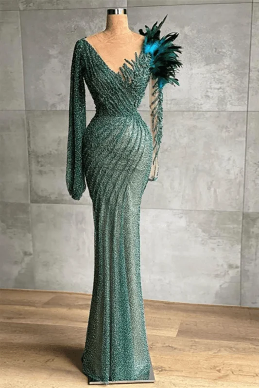 floor-length evening dress-Designer Deark Green Mermaid evening dresses long with sleeves