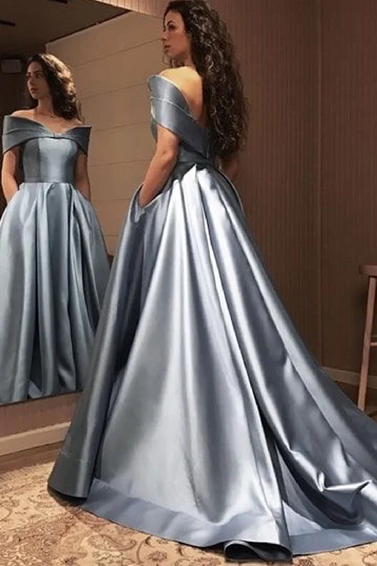 stylish evening dress-Dusty Blue Prom Dresses Evening Gown with Pockets