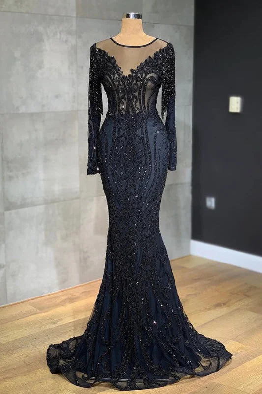 layered evening dress-Elegant Black Mermaid Prom Dress with Long Sleeves and Tulle