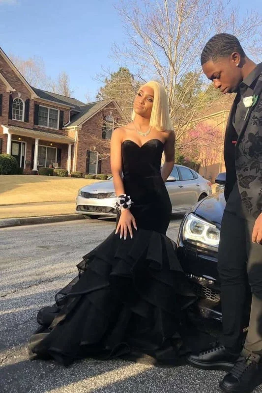 off shoulder evening dress-Elegant Black Sleeveless Sweetheart Mermaid Prom Dresses