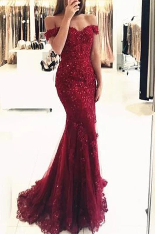 peplum evening dress-Elegant Burgundy Mermaid Off the Shoulder Beaded Lace Appliques Evening Dresses