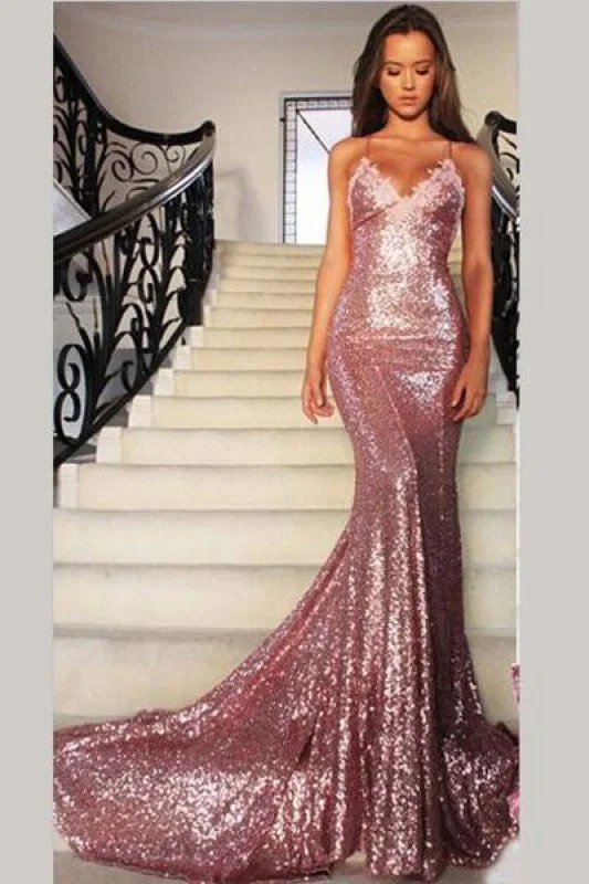 plus size evening gown-Elegant Elegant Beautiful Gorgeous Rose Gold Spaghetti Straps V-neck Mermaid Sequins Sweep Train Prom Dress