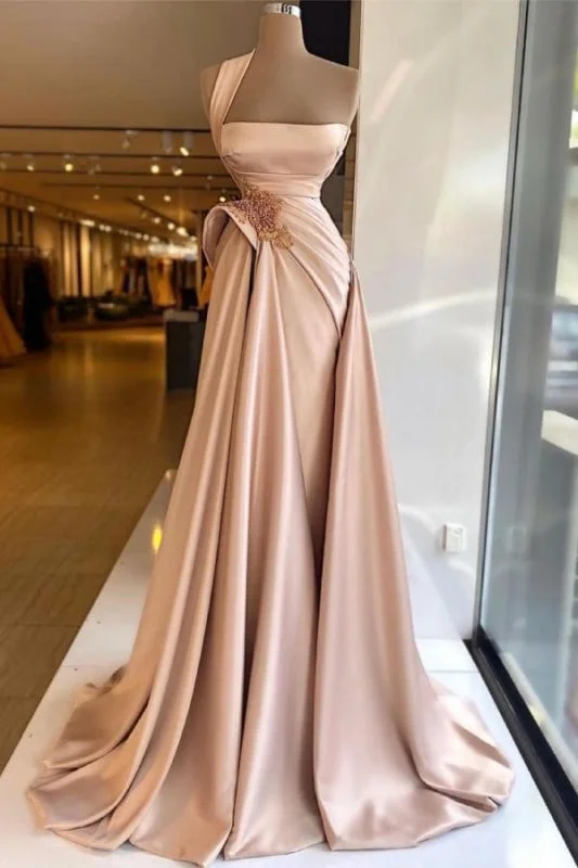 deep V-neck evening dress-Elegant Long Champagne High Split Prom Dresses