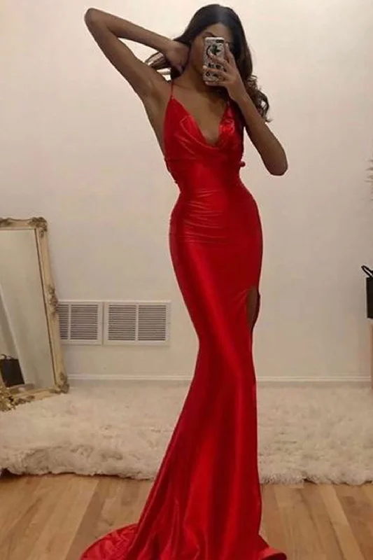 empire waist evening dress-Elegant Slit Prom Dresses Spaghetti Straps Evening Gown