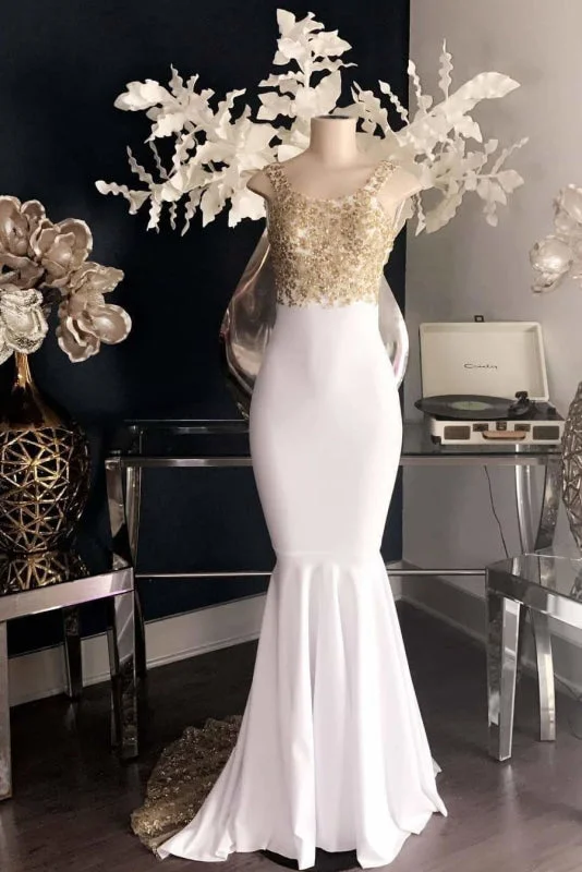 sheath evening dress-Elegant Spaghetti Strap Gold Train Mermaid Prom Dresses