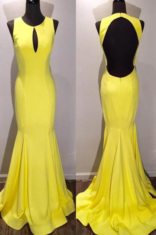 spaghetti strap evening dress-Elegant Yellow Scoop Open Back Sweep Train Mermaid Prom Gown Formal Dresses