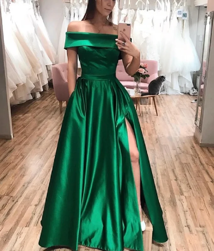 asymmetrical evening dress-Emerald Green Slit Prom Dresses