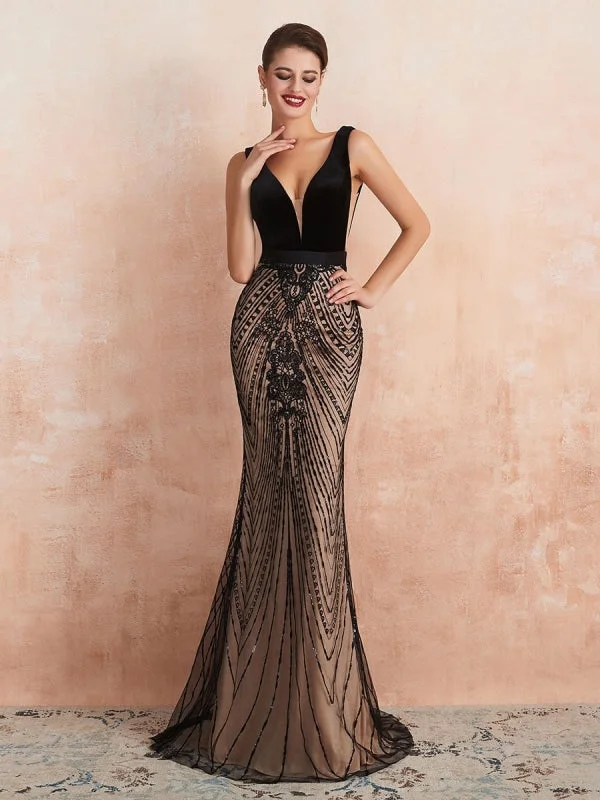 tulle evening dress-Evening Dress 2021 Mermaid Black Beaded Sleeveless V Neck Formal Party Dresses With Train