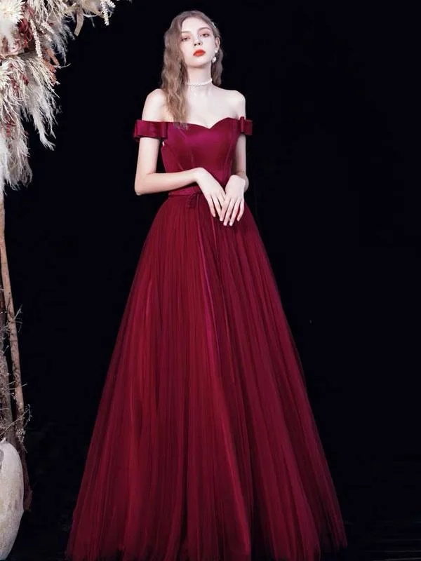 evening dress for weddings-Evening Dress A-Line Bateau Neck Satin Fabric Floor-Length Formal Dinner Dresses Burgundy Pageant Dress