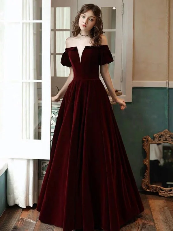 elegant long evening dress-Evening Dress A Line Off The Shoulder Short Sleeves Floor Length Laceup Pockets Velour Formal Dinner Dresses