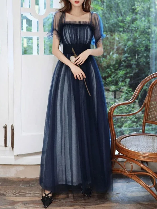 maxi evening dress-Evening Dress A-Line Square Neck Floor-Length Short Sleeves Zipper Pleated Tulle Formal Dinner Dresses Pageant Dress