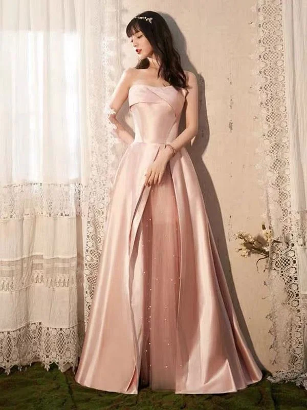 evening dress with sheer sleeves-Evening Dress A-Line Strapless Floor-Length Sleeveless Lace-Up Party Dresses Bean Paste Pink Pageant Dress