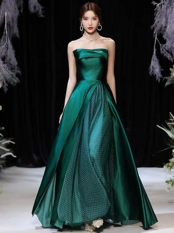 floor-length evening dress-Evening Dress A-Line Strapless Satin Fabric Floor-Length Pleated Formal Party Dresses Forest Green Pageant Dress