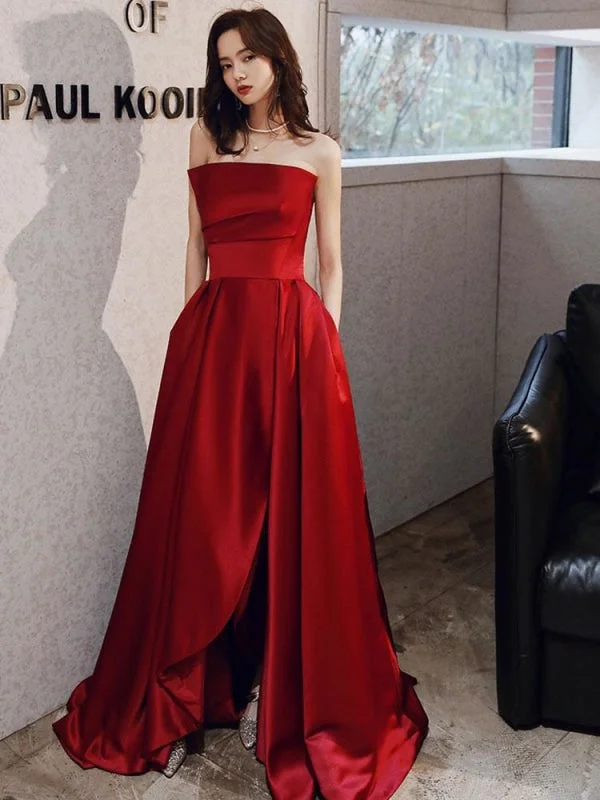 elegant long evening dress-Evening Dress A-Line Strapless Satin Fabric Floor-Length Pleated Social Prom Dress