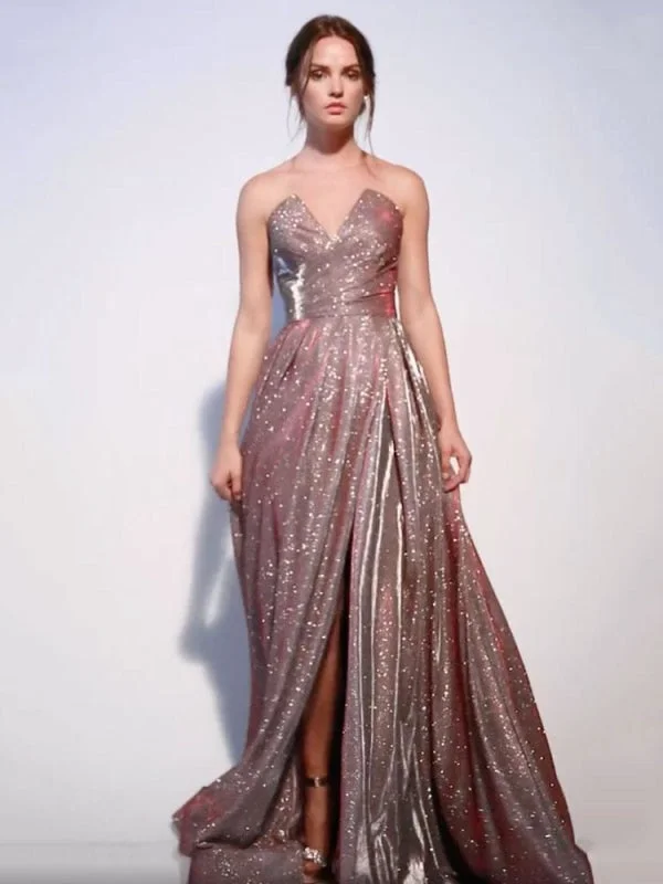 A-line evening dress-Evening Dress A-Line Strapless Sweep Zipper Pleated Sequined Dark Pink Formal Party Dresses