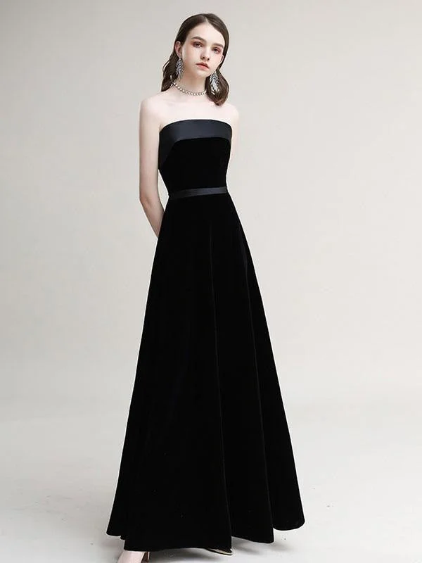 evening dress with illusion back-Evening Dress A-Line Strapless Velour Floor-Length Sash Prom Dress