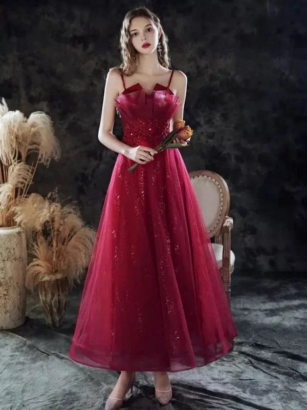 formal red evening dress-Evening Dress A-Line Sweetheart Neck Lace Floor-Length Sleeveless Party Dresses Burgundy Pageant Dress