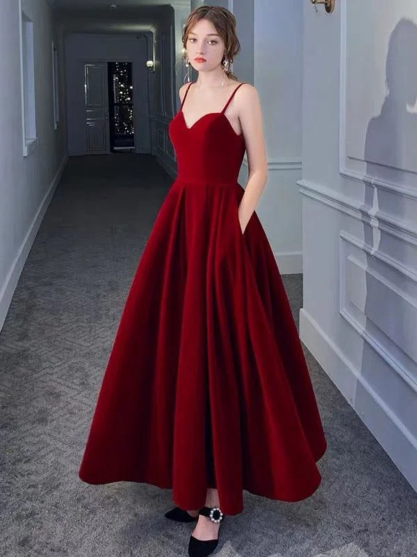 V-neck evening dress-Evening Dress A Line Sweetheart Neck Velour Floor Length Pockets Formal Party Dresses