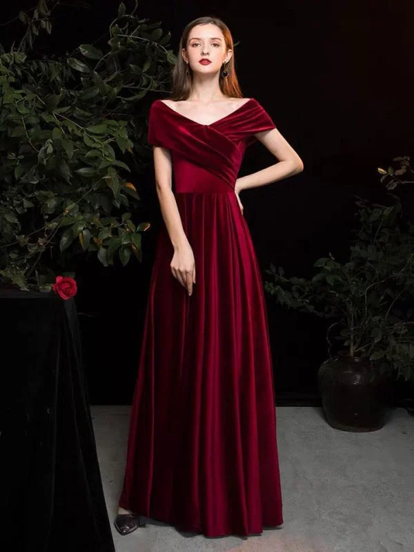 evening dress with train-Evening Dress A Line V Neck Matte Satin Floor Length Pleated Social Party Dresses