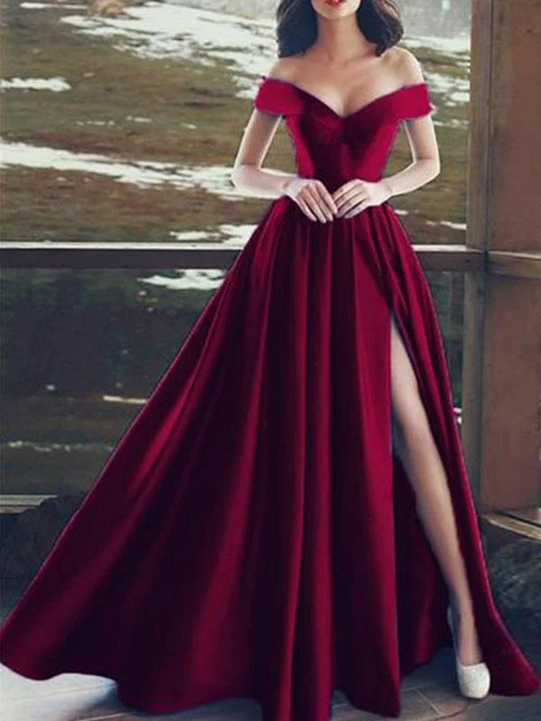 long evening dress-Evening Dress A Line V Neck Satin Fabric Floor Length High Split Formal Dinner Dresses