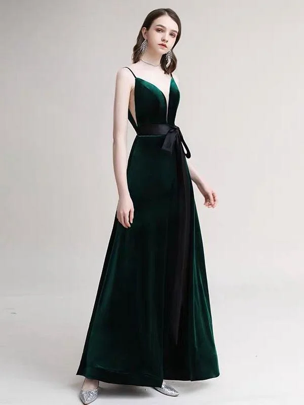 evening dress with embroidery-Evening Dress A Line V Neck Velour Floor Length Sash Social Pageant Dresses