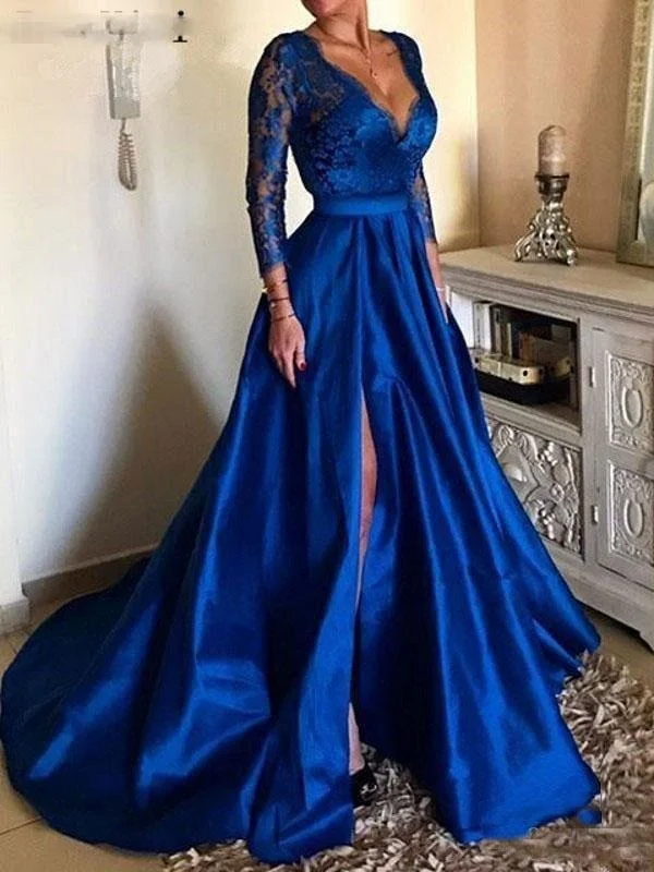 evening dress with mesh-Evening Dress Ball Gown V Neck 3/4 Length Sleeves Zipper Lace Satin Fabric Social Party Dresses With Train