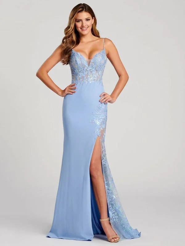 evening dress for parties-Evening Dress Ball Gown V-Neck Backless Polyester Floor-Length Applique Light Sky Blue Formal Party Dresses