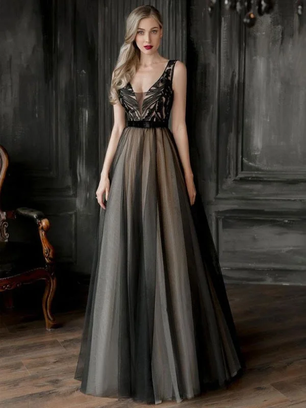 evening dress with floral print-Evening Dress Black A-Line V-Neck Sleeveless Zipper Lace Tulle Floor-Length Formal Party Dresses