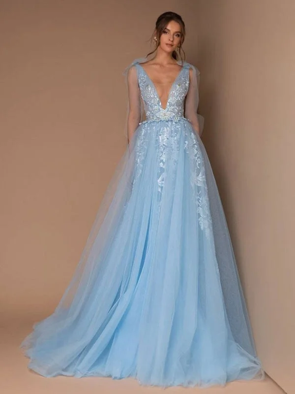 glittering evening gown-Evening Dress Blue A-Line V-Neck Sleeveless Lace Floor-Length Formal Party Dresses With Train