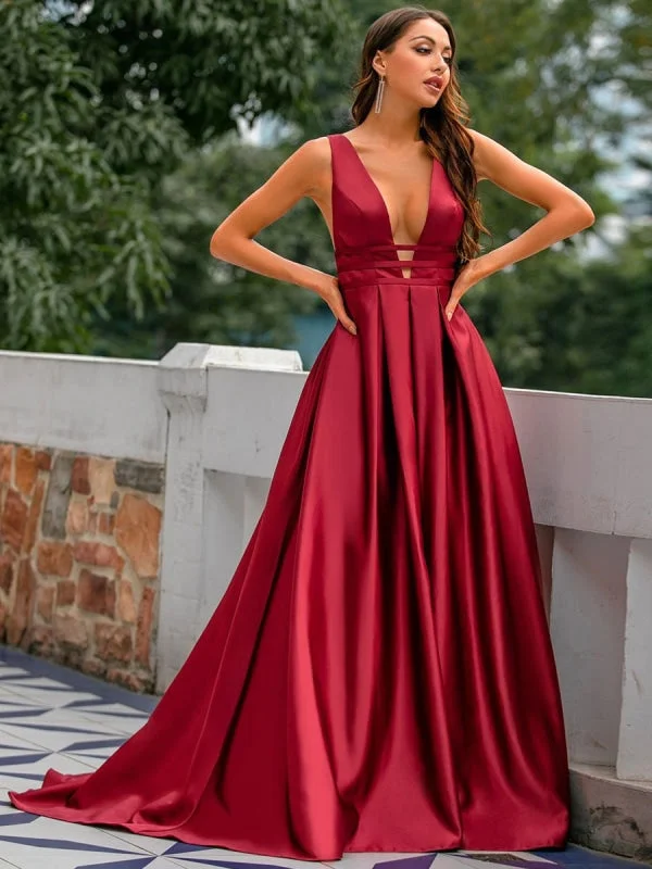 cap sleeve evening dress-Evening Dress Burgundy A-Line V-Neck Backless Satin Fabric With Train Long Formal Party Dresses